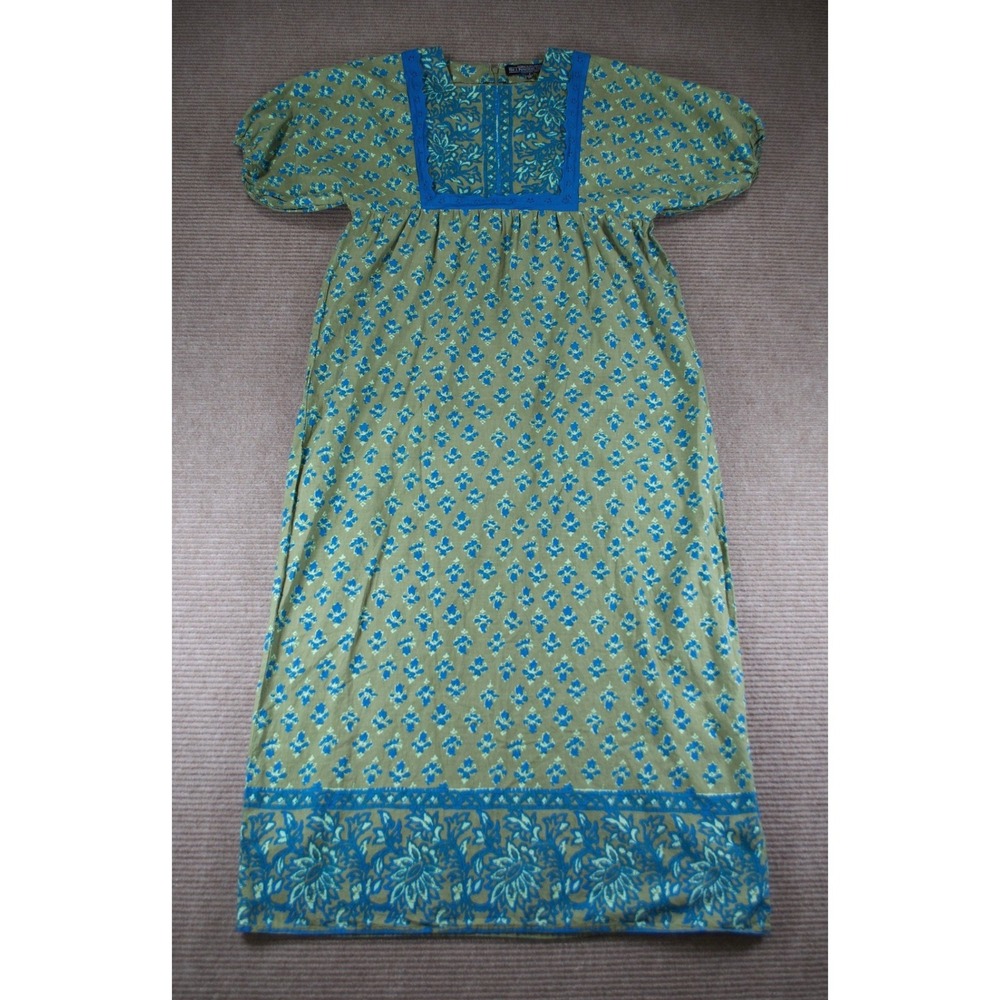 J Peterman Kerala Block Print Cotton Maxi Dress S Vintage Empire Puff Sleeve B